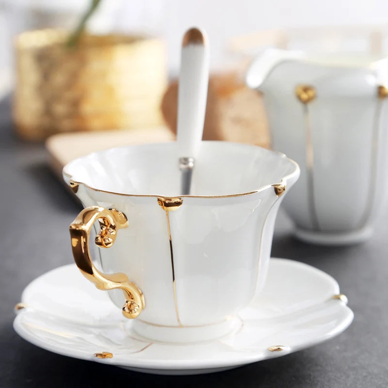 Gold Pearl Bone China Coffee Cup Saucer Spoon Set 200ml Gorgeous Advanced Porcelain Tea Cup Cafe