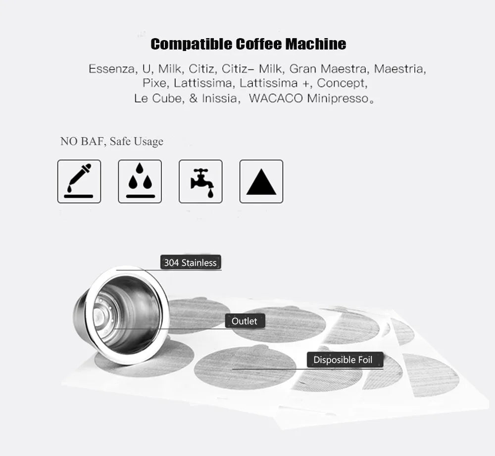 iCafilas Stainless Steel Reusable Nespresso Coffee Capsule | Includes 100 Aluminium Foil Seals