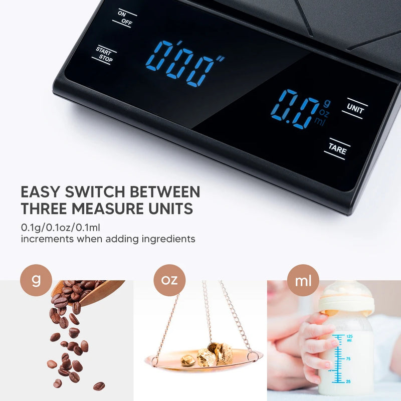 3kg/0.1g Drip Coffee Scale Timer Portable Electronic Digital Kitchen Scale LCD Electronic Scales