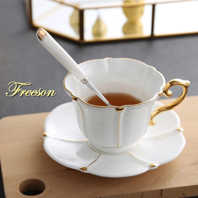 Gold Pearl Bone China Coffee Cup Saucer Spoon Set 200ml Gorgeous Advanced Porcelain Tea Cup Cafe