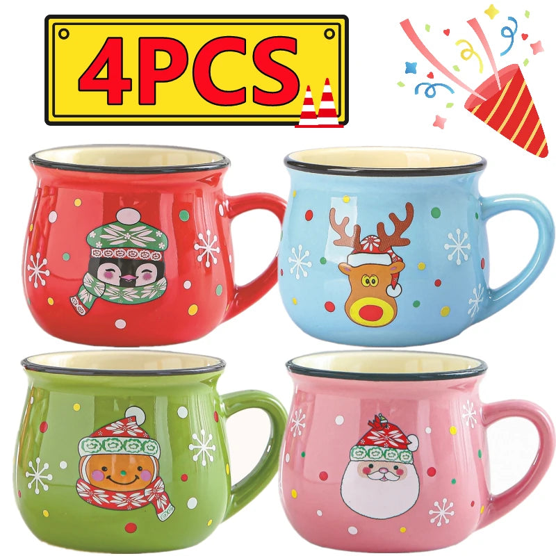 New 4/1PC Kawaii Christmas Mugs Ceramic Cups Santa Claus Elk Figurines Creative Gift Coffee Tea Cup