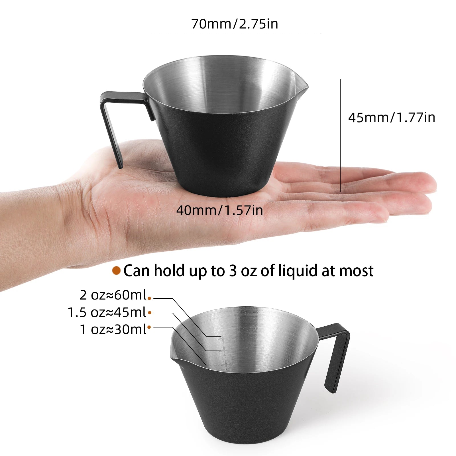 Stainless Steel Espresso Measuring Cup with handle 2/3 Pack Shot Espresso Cups 100ml Barista Coffee