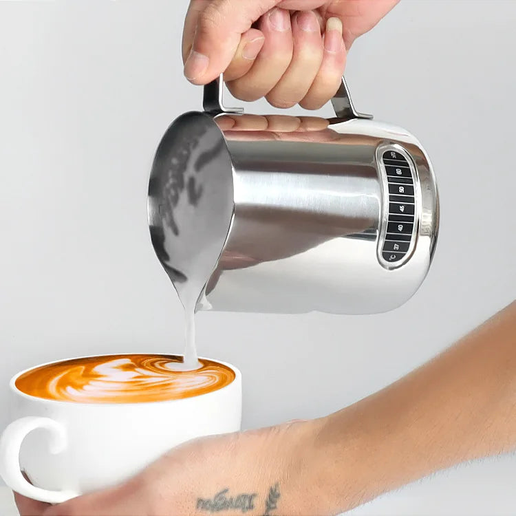 Stainless Steel Milk Frothing Jug with Temp for Latte Art, Coffee, Espresso – 350ml, 600ml, 900ml