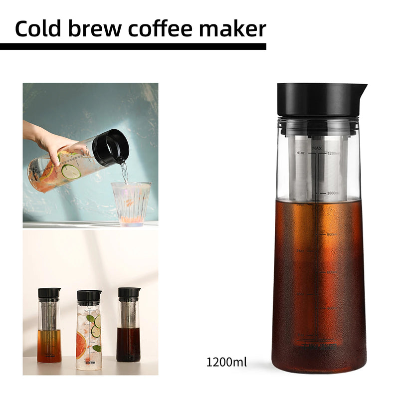 Manual Cold Brew Coffee Maker 1200ml Double Stainless Steel Filter Waterproof Seal Glass Pot Barista