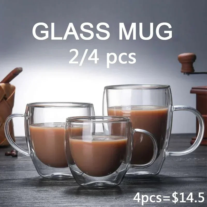 Double Bottom Wall Glass Coffee Cup Whiskey Tea Thermal Heat Resistant Mug Drinkware Tumbler Set