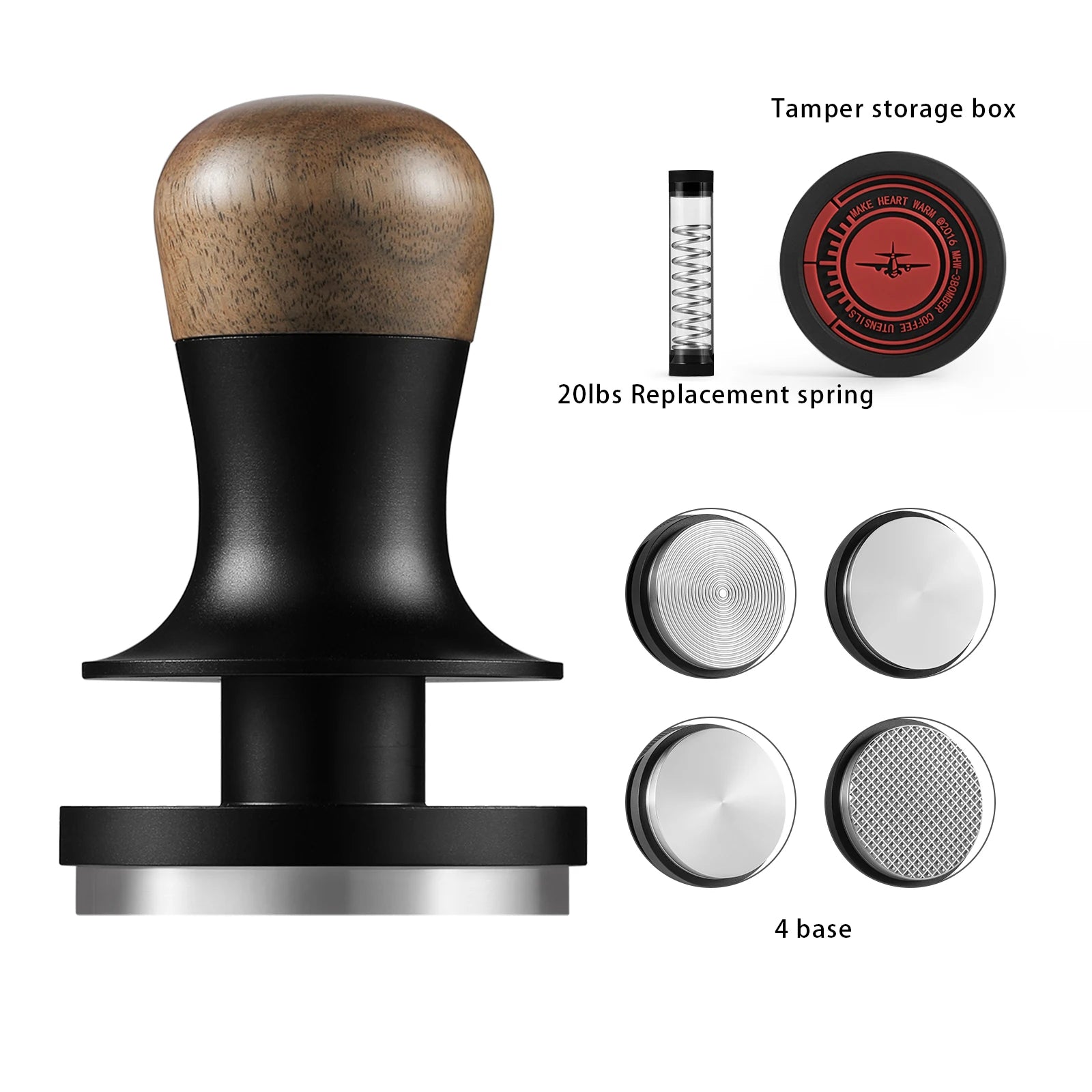 30lbs Springs 58.35mm Coffee Tamper with 4 Replaceable Stainless Steel Base & 20lbs Spring