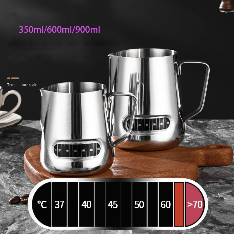 Stainless Steel Milk Frothing Jug with Temp for Latte Art, Coffee, Espresso – 350ml, 600ml, 900ml