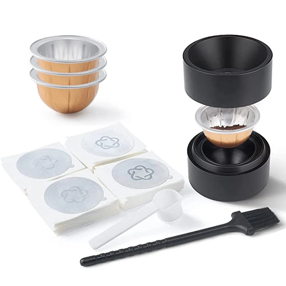 100PCS Aluminum Foil Seals Kit with 3PCS Refillable Coffee Pods & Coffee Capsule Refill Stand Tool