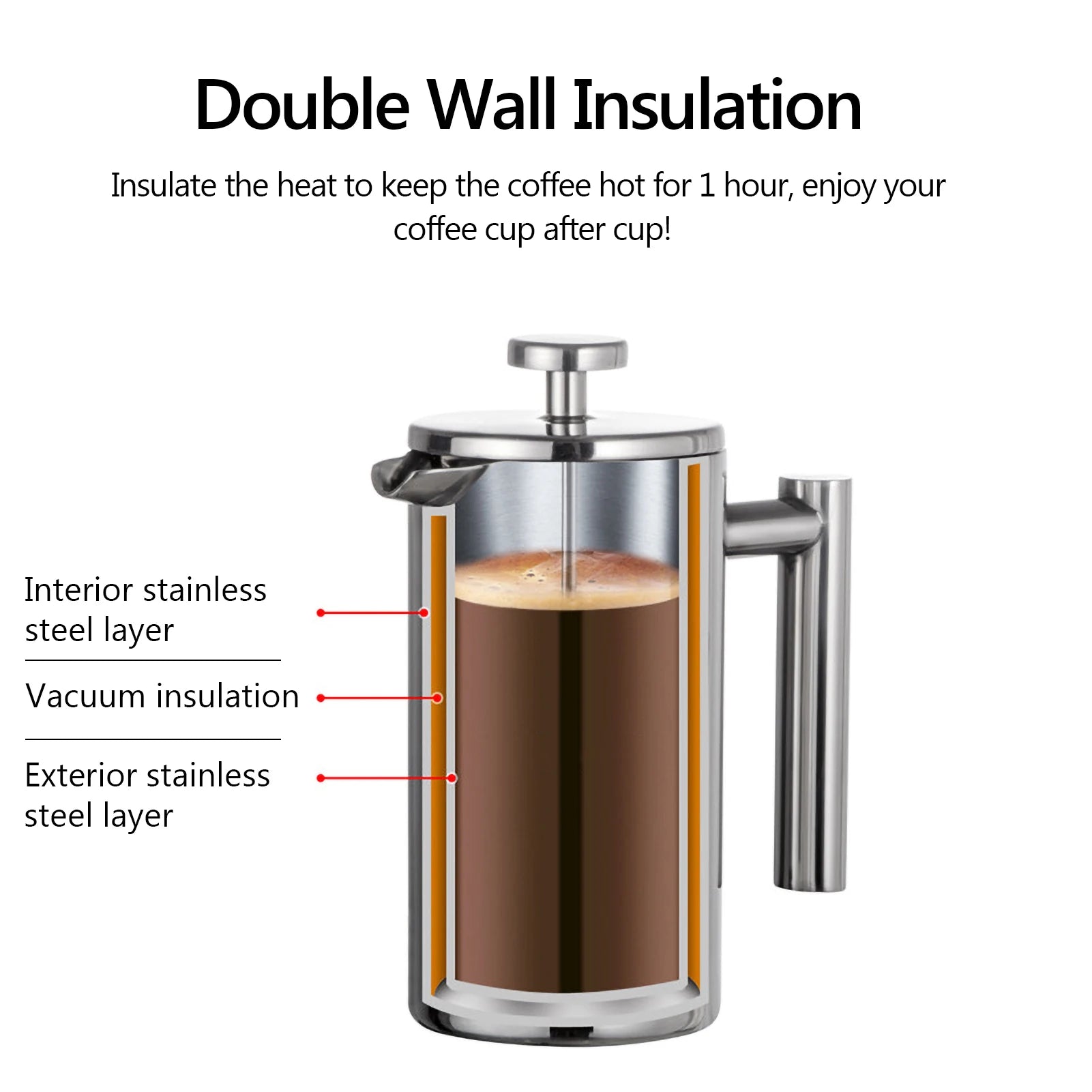 350ml/800ml/1000ml Coffee Maker Pot French Press Stainless Steel Double Walled Insulated Coffee