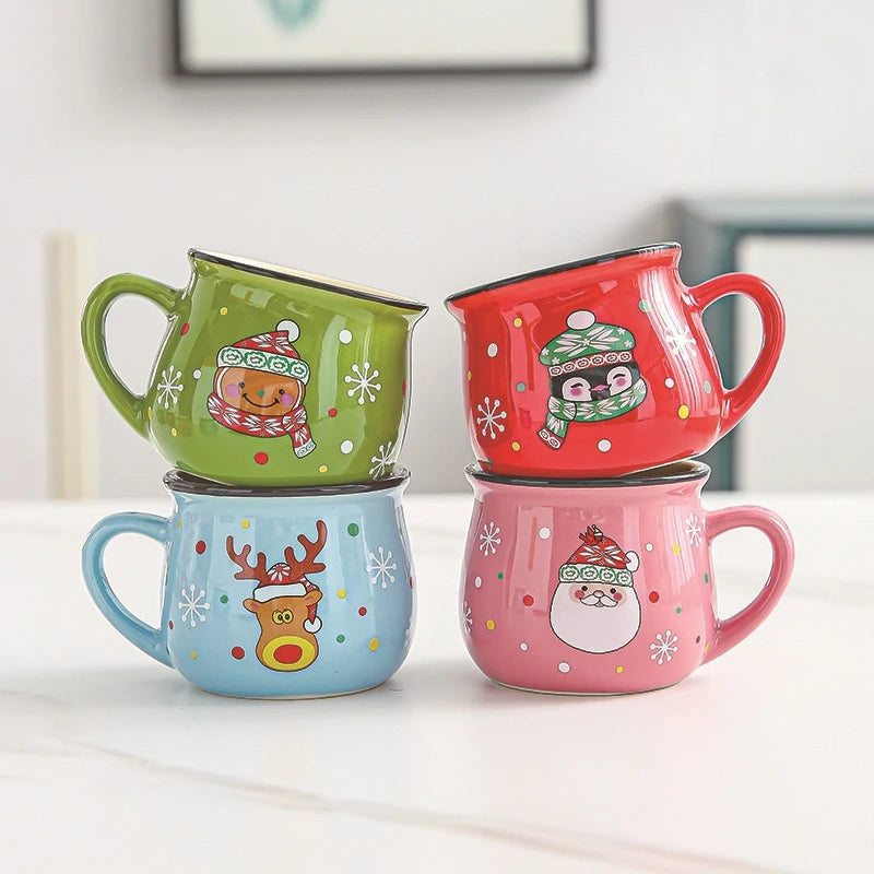 New 4/1PC Kawaii Christmas Mugs Ceramic Cups Santa Claus Elk Figurines Creative Gift Coffee Tea Cup