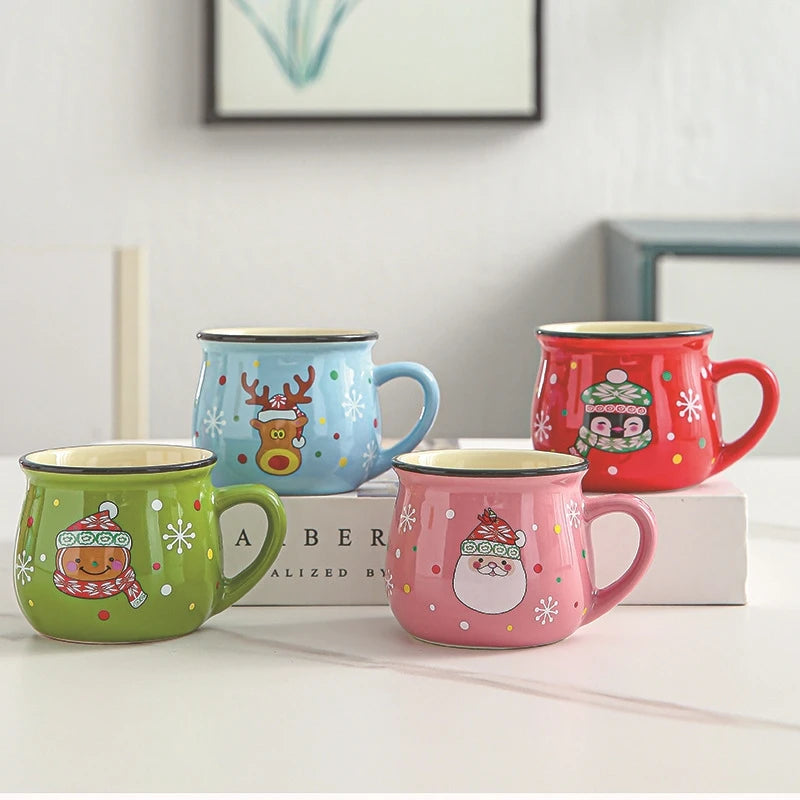 New 4/1PC Kawaii Christmas Mugs Ceramic Cups Santa Claus Elk Figurines Creative Gift Coffee Tea Cup
