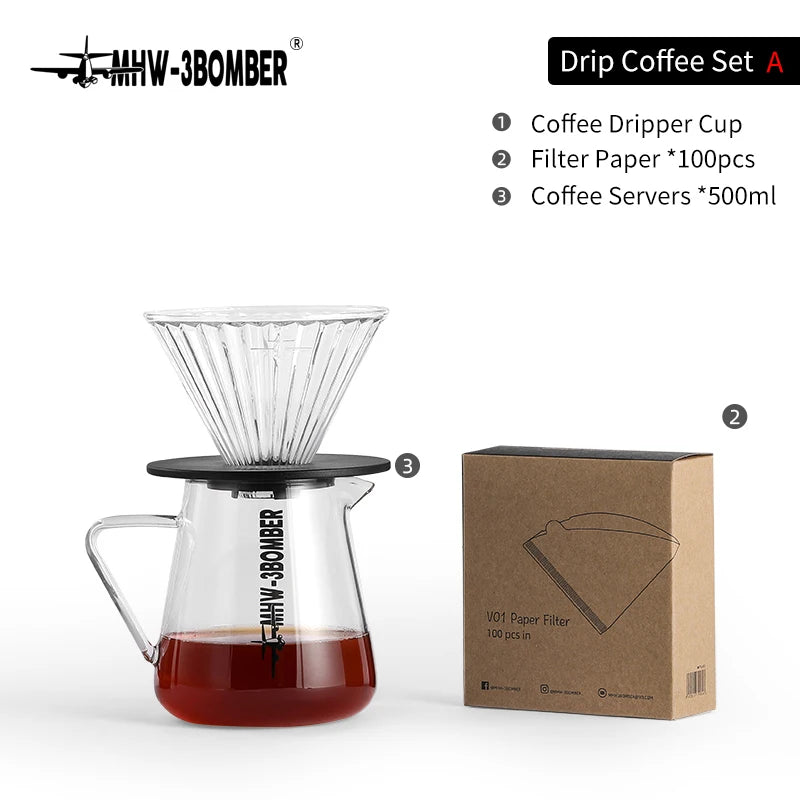Drip Coffee Set Tea Pot Glass Filter Cup & Paper Coffee Servers Accessories