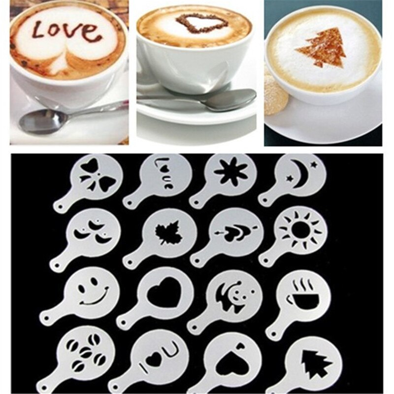 16Pcs Coffee Mold Milk Cake Cupcake Stencil Template Duster Spray Tools Coffee Barista Cappuccino