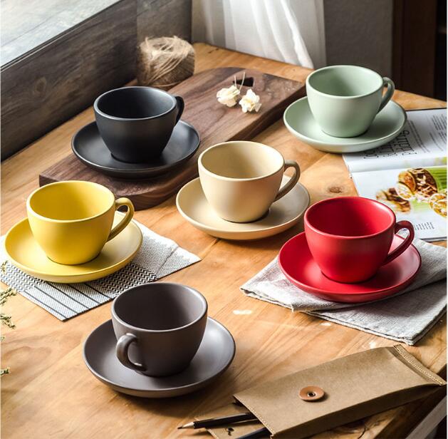 300ml colorful fashion quality ceramic Coffee Cup and Saucer matte fin