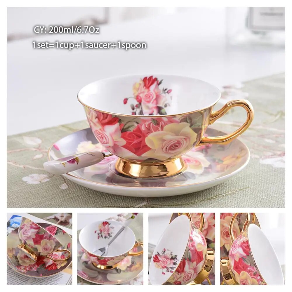 Europe Bone China Coffee Cup Saucer Spoon Set 200ml Luxury Ceramic Mug Top-grade Porcelain Tea Cup