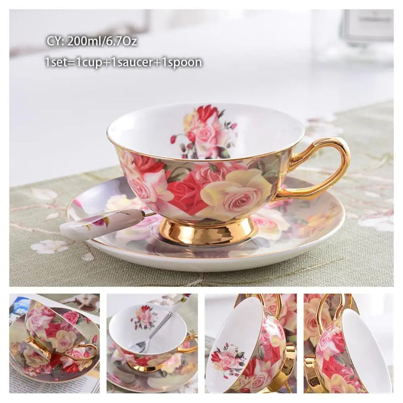 Europe Bone China Coffee Cup Saucer Spoon Set 200ml Luxury Ceramic Mug Top-grade Porcelain Tea Cup