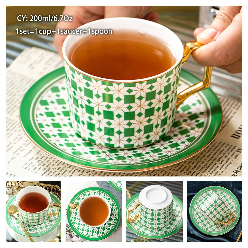 Europe Bone China Coffee Cup Saucer Spoon Set 200ml Luxury Ceramic Mug Top-grade Porcelain Tea Cup