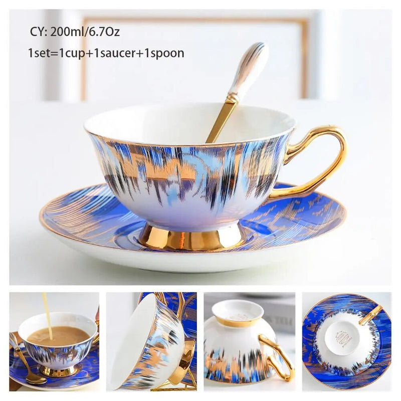 Europe Bone China Coffee Cup Saucer Spoon Set 200ml Luxury Ceramic Mug Top-grade Porcelain Tea Cup