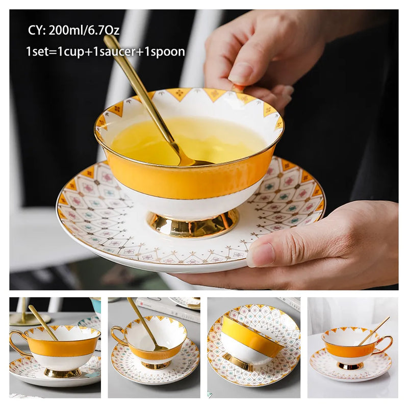 Europe Bone China Coffee Cup Saucer Spoon Set 200ml Luxury Ceramic Mug Top-grade Porcelain Tea Cup