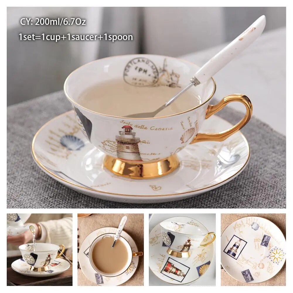 Europe Bone China Coffee Cup Saucer Spoon Set 200ml Luxury Ceramic Mug Top-grade Porcelain Tea Cup