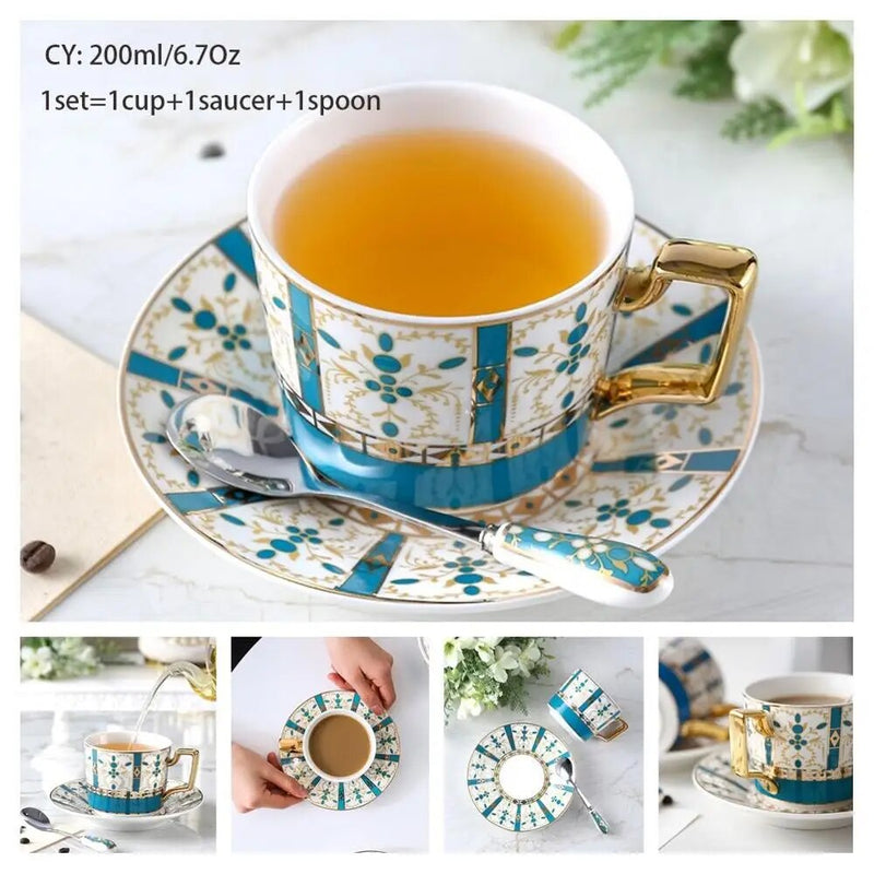 Europe Bone China Coffee Cup Saucer Spoon Set 200ml Luxury Ceramic Mug Top-grade Porcelain Tea Cup