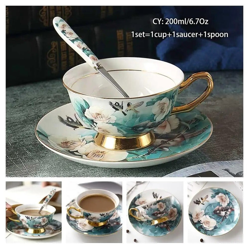 Europe Bone China Coffee Cup Saucer Spoon Set 200ml Luxury Ceramic Mug Top-grade Porcelain Tea Cup