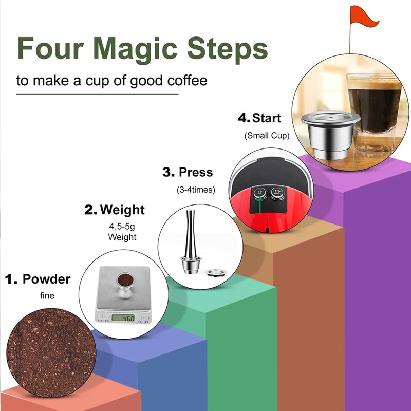 ICafilas Stainless Metal Reusable Nespresso Capsule with Press Coffee Grinds Stainless Tamper