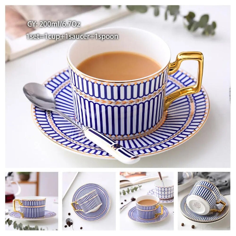 Europe Bone China Coffee Cup Saucer Spoon Set 200ml Luxury Ceramic Mug Top-grade Porcelain Tea Cup