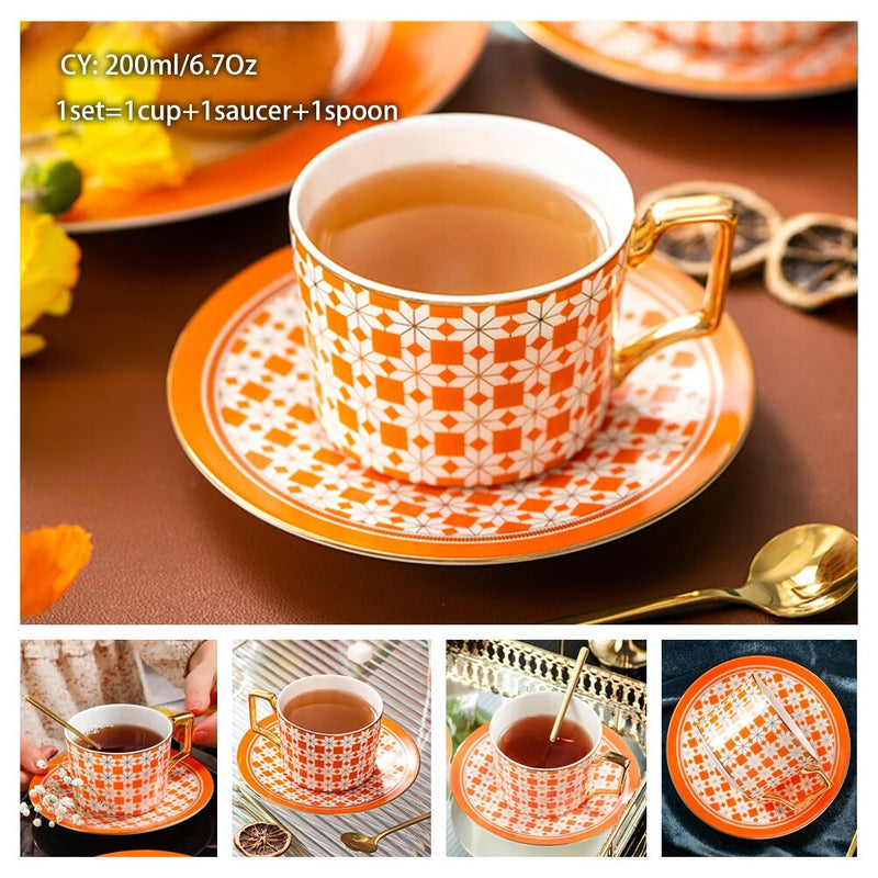 Europe Bone China Coffee Cup Saucer Spoon Set 200ml Luxury Ceramic Mug Top-grade Porcelain Tea Cup