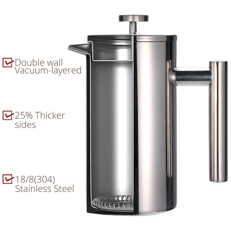French Press Coffee Maker - Double Wall 304 Stainless Steel - 3 size with sealing clip/Spoon