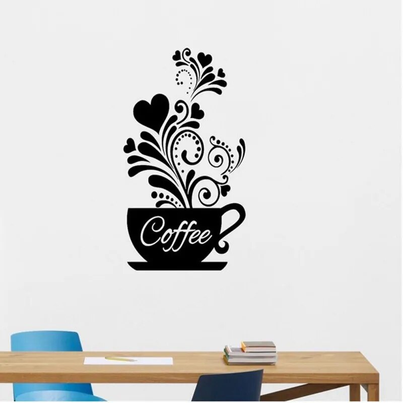 Creative Flower Vine Coffee Cup Wall Sticker For Cafe Restaurant Decoration Decals Wallpaper