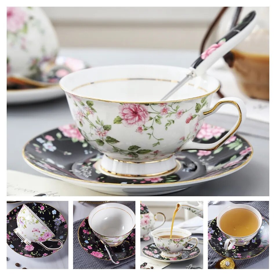 Europe Bone China Coffee Cup Saucer Spoon Set 200ml Luxury Ceramic Mug Top-grade Porcelain Tea Cup