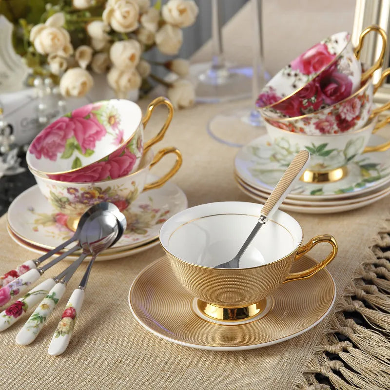 Europe Bone China Coffee Cup Saucer Spoon Set 200ml Luxury Ceramic Mug Top-grade Porcelain Tea Cup