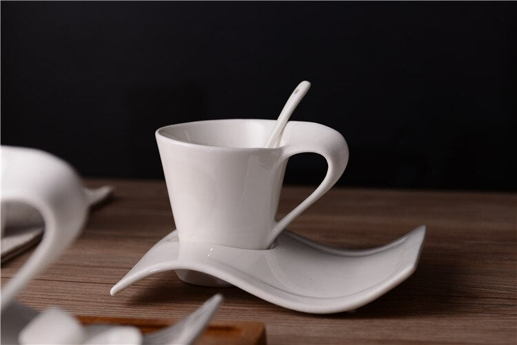Creative wavy ceramic fancy coffee cup and saucer set European small luxury couple 200ml coffee cup