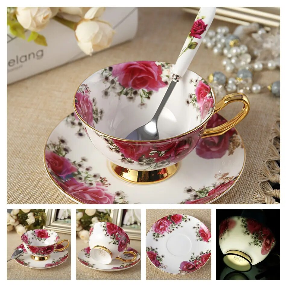 Europe Bone China Coffee Cup Saucer Spoon Set 200ml Luxury Ceramic Mug Top-grade Porcelain Tea Cup