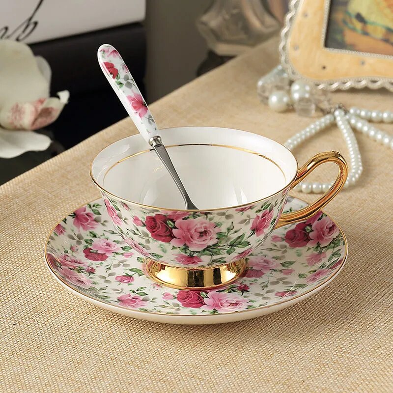 Europe Bone China Coffee Cup Saucer Spoon Set 200ml Luxury Ceramic Mug Top-grade Porcelain Tea Cup