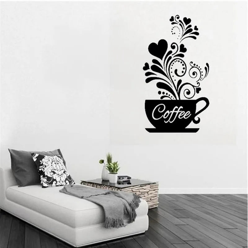 Creative Flower Vine Coffee Cup Wall Sticker For Cafe Restaurant Decoration Decals Wallpaper