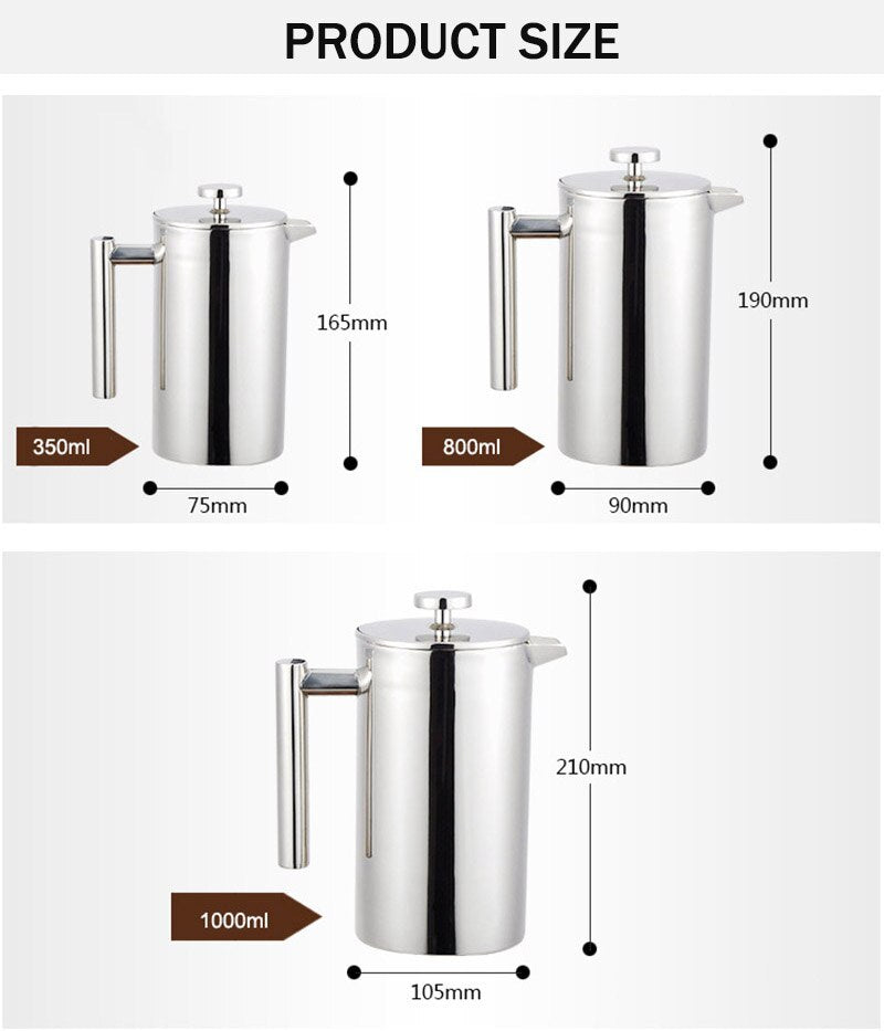 French Press Coffee Maker 350ml 800ml 1000ml Best Double Walled Stainless Steel Cafetiere Insulated