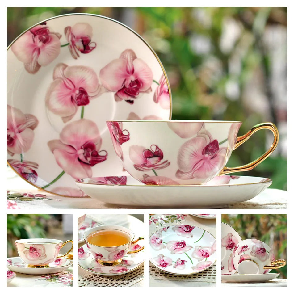 Europe Bone China Coffee Cup Saucer Spoon Set 200ml Luxury Ceramic Mug Top-grade Porcelain Tea Cup