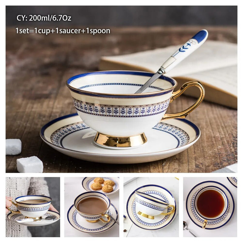 Europe Bone China Coffee Cup Saucer Spoon Set 200ml Luxury Ceramic Mug Top-grade Porcelain Tea Cup