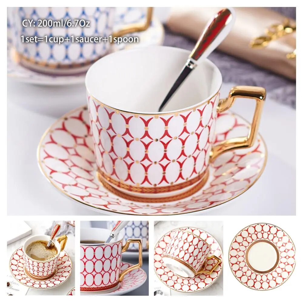 Europe Bone China Coffee Cup Saucer Spoon Set 200ml Luxury Ceramic Mug Top-grade Porcelain Tea Cup