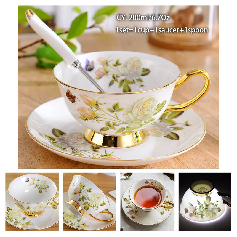Europe Bone China Coffee Cup Saucer Spoon Set 200ml Luxury Ceramic Mug Top-grade Porcelain Tea Cup