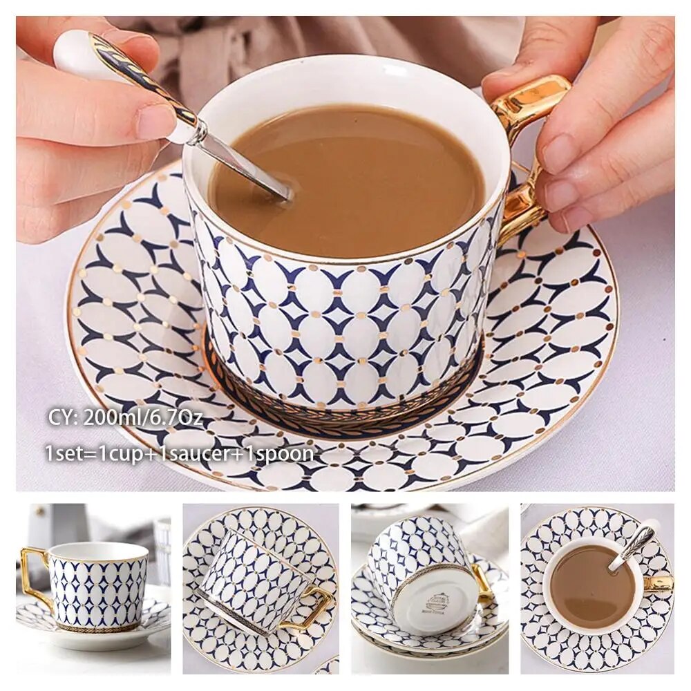 Europe Bone China Coffee Cup Saucer Spoon Set 200ml Luxury Ceramic Mug Top-grade Porcelain Tea Cup