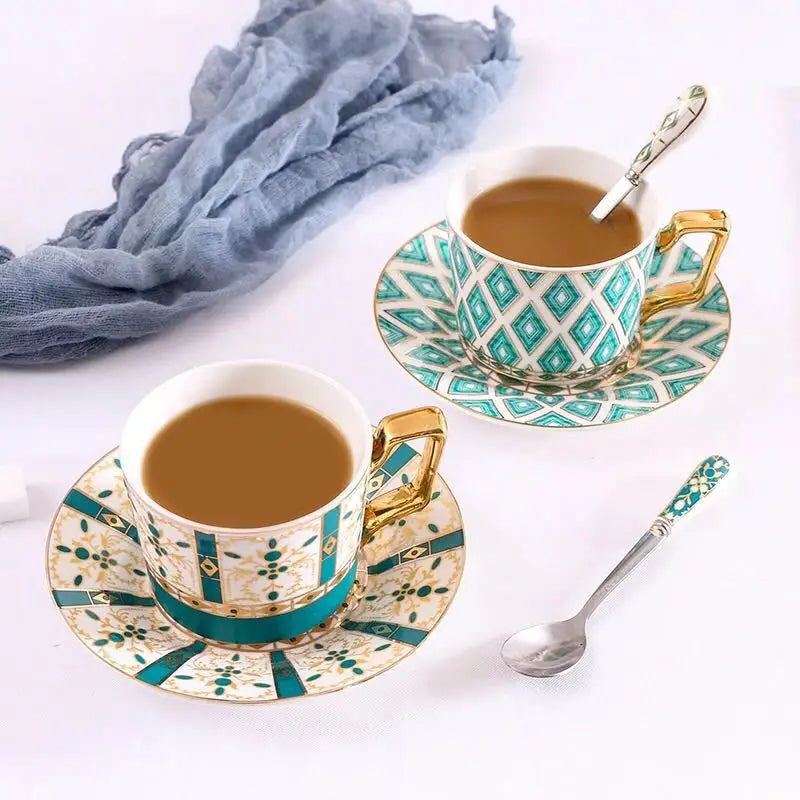 Glaring Gold Ceramic Coffee Cups and Saucers Coffee Mug Tea Cup with Dish Spoon