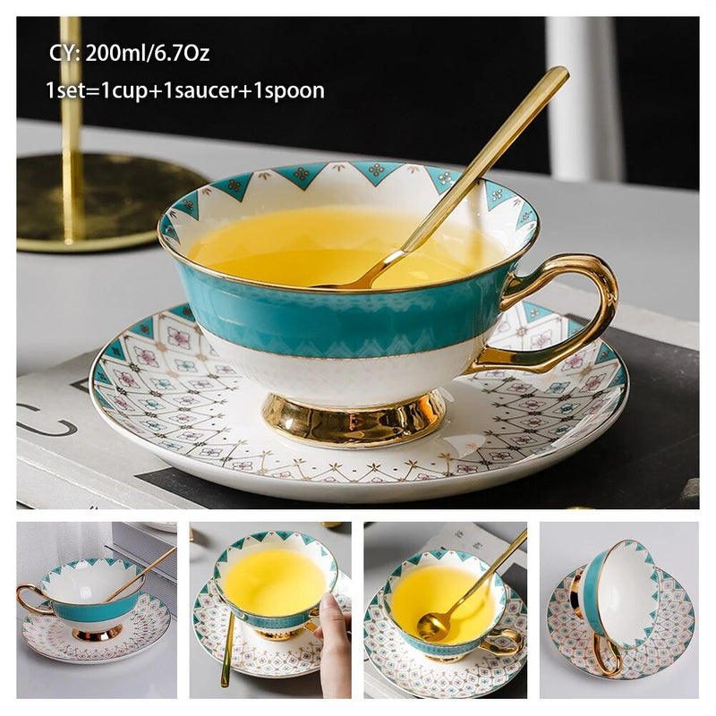 Europe Bone China Coffee Cup Saucer Spoon Set 200ml Luxury Ceramic Mug Top-grade Porcelain Tea Cup