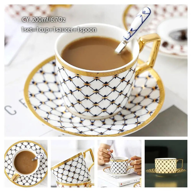 Europe Bone China Coffee Cup Saucer Spoon Set 200ml Luxury Ceramic Mug Top-grade Porcelain Tea Cup