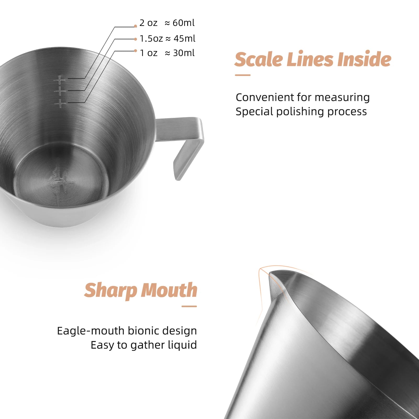 Stainless Steel Espresso Measuring Cup with handle 2/3 Pack Shot Espresso Cups 100ml Barista Coffee