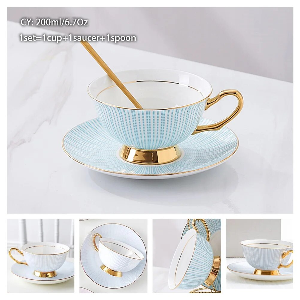 Europe Bone China Coffee Cup Saucer Spoon Set 200ml Luxury Ceramic Mug Top-grade Porcelain Tea Cup
