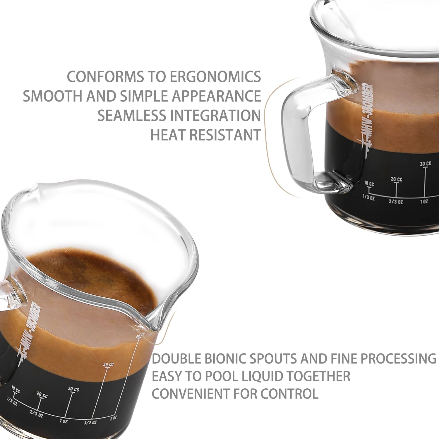 MHW-3BOMBER Double Espresso Shot Glass 2oz Double Spouts Espresso Measuring Cup with handle Mini Jug