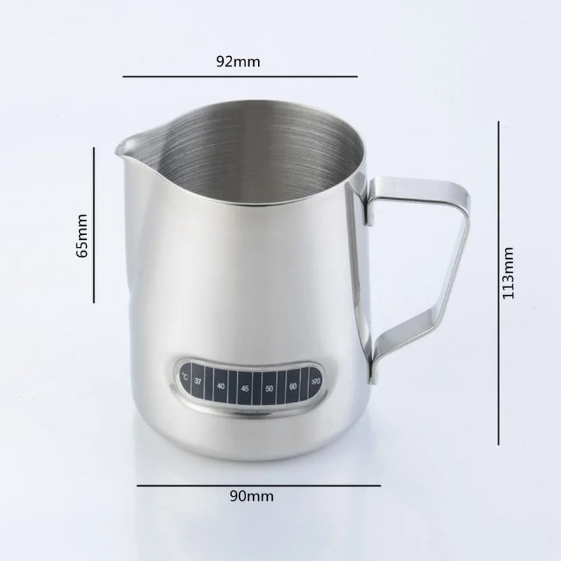 Stainless Steel Milk Frothing Jug with Temp for Latte Art, Coffee, Espresso – 350ml, 600ml, 900ml